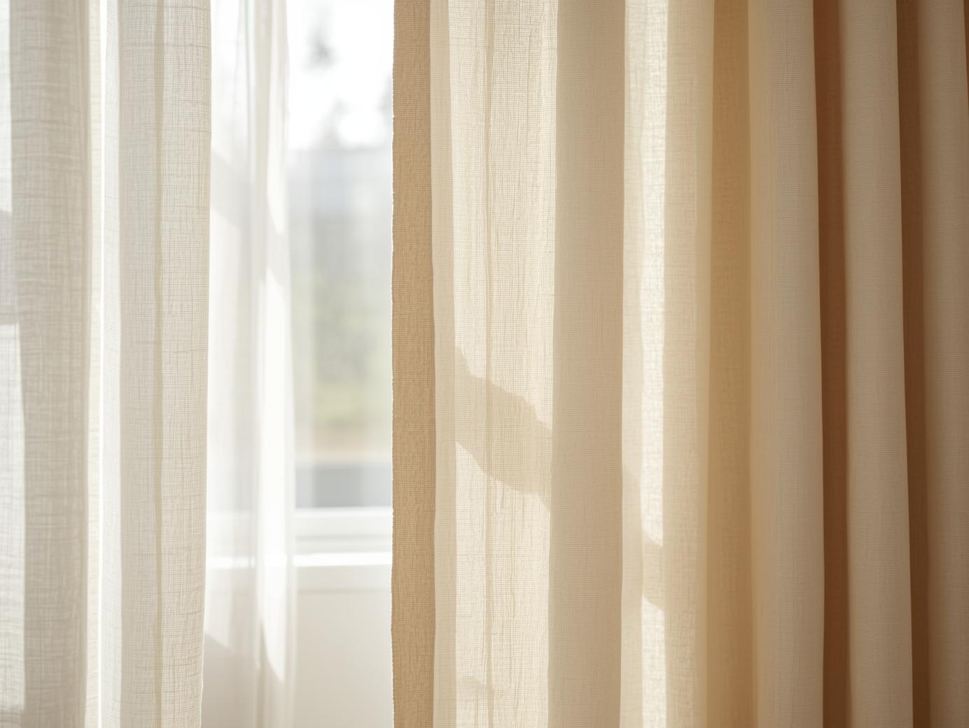 Natural-toned curtains in a bright room