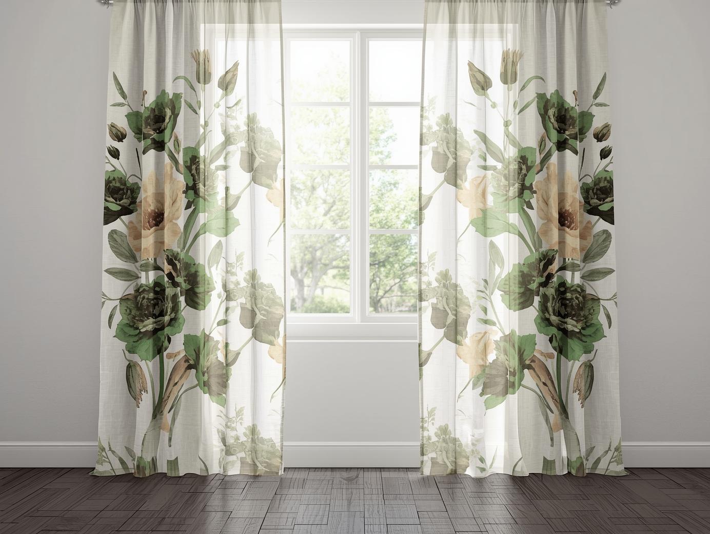 Botanical print curtains in a bright room